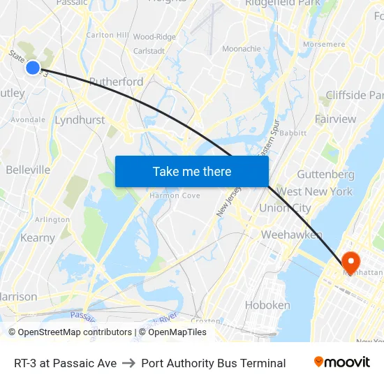 RT-3 at Passaic Ave to Port Authority Bus Terminal map
