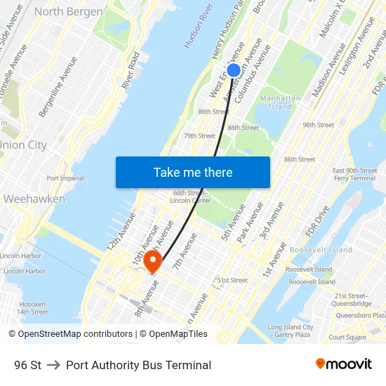 96 St to Port Authority Bus Terminal map