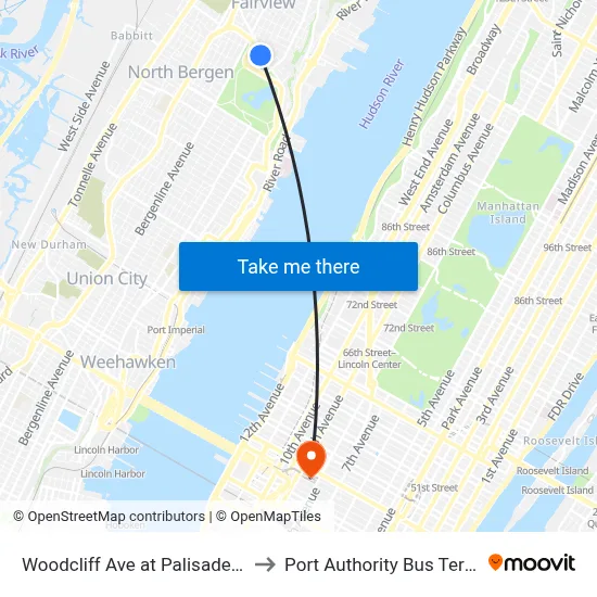 Woodcliff Ave at Palisade Plaza to Port Authority Bus Terminal map