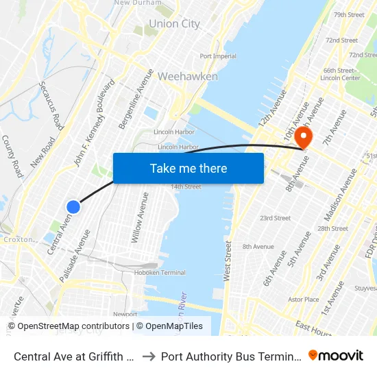 Central Ave at Griffith St to Port Authority Bus Terminal map