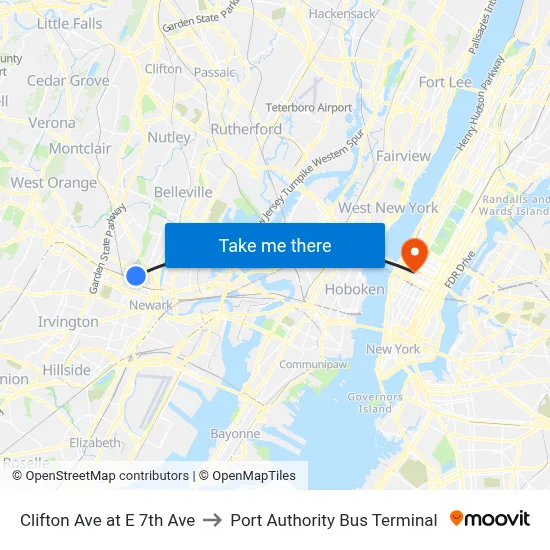 Clifton Ave at E 7th Ave to Port Authority Bus Terminal map