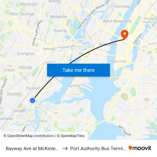 Bayway Ave at McKinley St to Port Authority Bus Terminal map