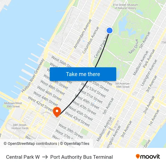 Central Park W to Port Authority Bus Terminal map