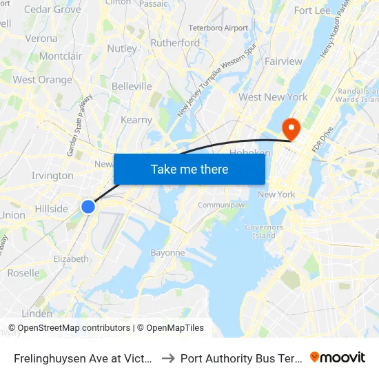 Frelinghuysen Ave at Victoria St to Port Authority Bus Terminal map