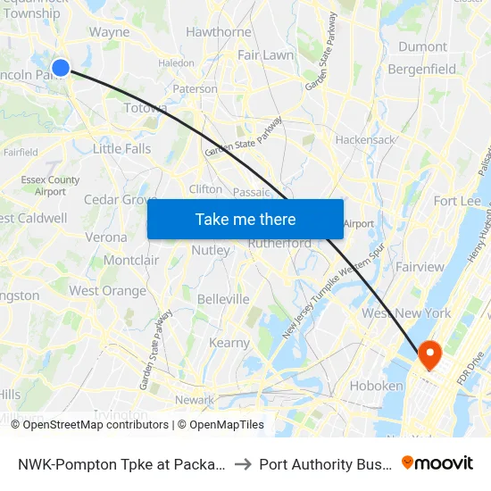 NWK-Pompton Tpke at Packanack Lake Rd to Port Authority Bus Terminal map