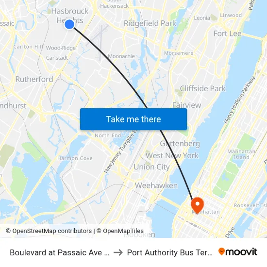 Boulevard at Passaic Ave Circle to Port Authority Bus Terminal map