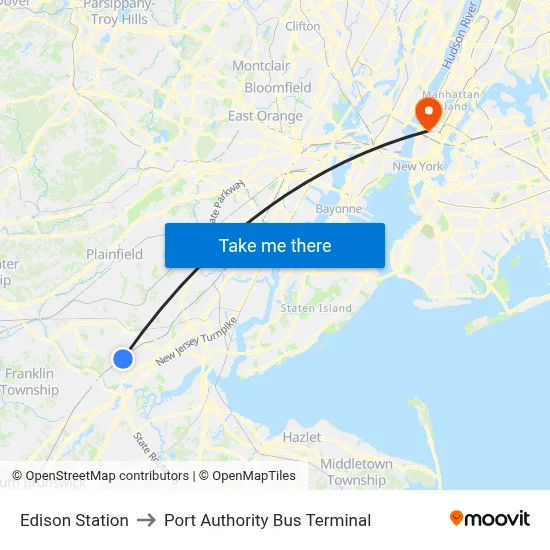 Edison Station to Port Authority Bus Terminal map