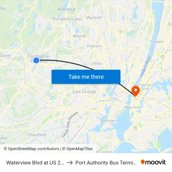 Waterview Blvd at US 202 to Port Authority Bus Terminal map