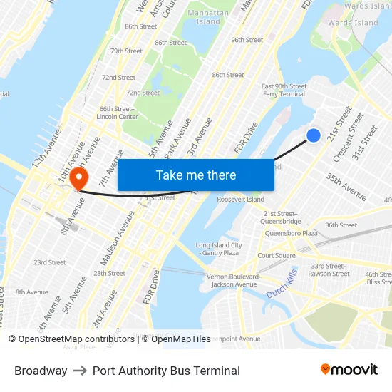 Broadway to Port Authority Bus Terminal map