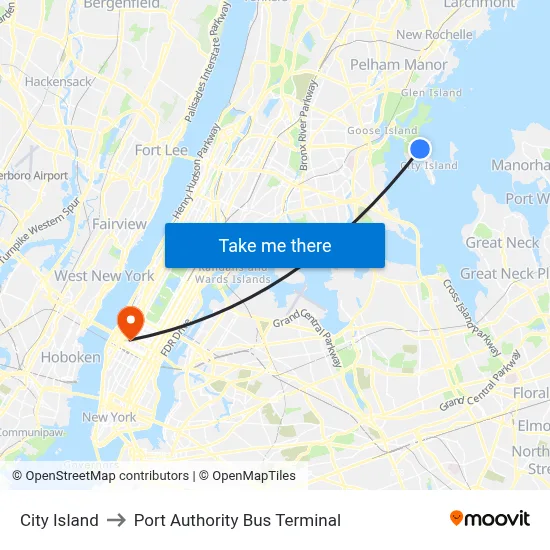 City Island to Port Authority Bus Terminal map