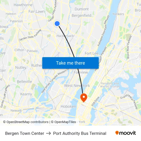 Bergen Town Center to Port Authority Bus Terminal map