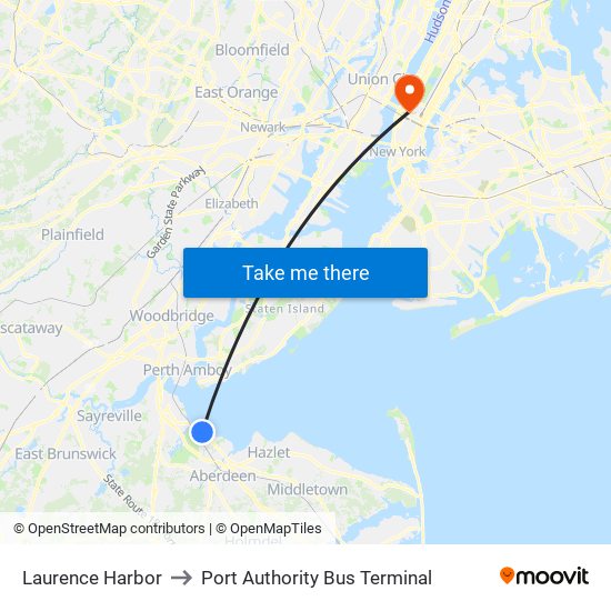Laurence Harbor to Port Authority Bus Terminal map