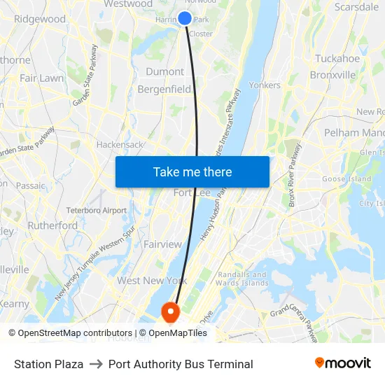 Station Plaza to Port Authority Bus Terminal map