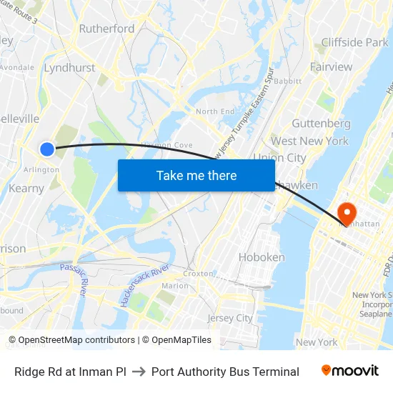 Ridge Rd at Inman Pl to Port Authority Bus Terminal map