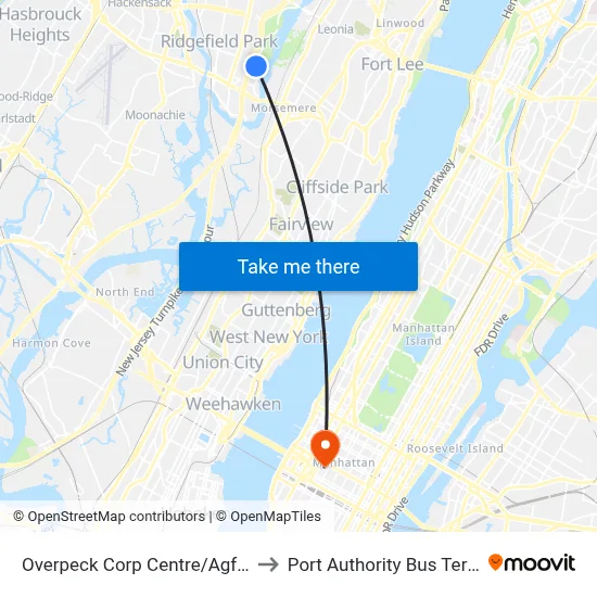 Overpeck Corp Centre/Agfa Bldg to Port Authority Bus Terminal map