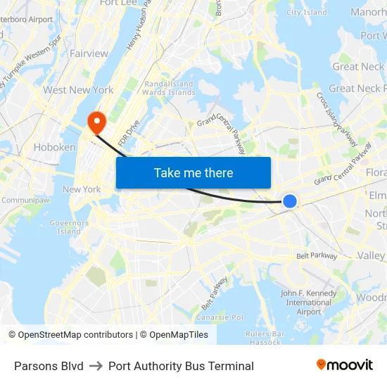 Parsons Blvd, Jamaica, NY 11432 to Port Authority Bus Terminal map