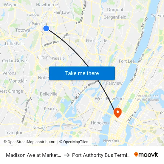Madison Ave at Market St to Port Authority Bus Terminal map