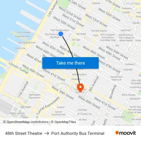 48th Street Theatre to Port Authority Bus Terminal map