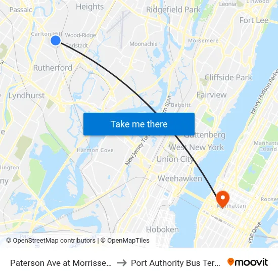 Paterson Ave at Morrissee Ave to Port Authority Bus Terminal map
