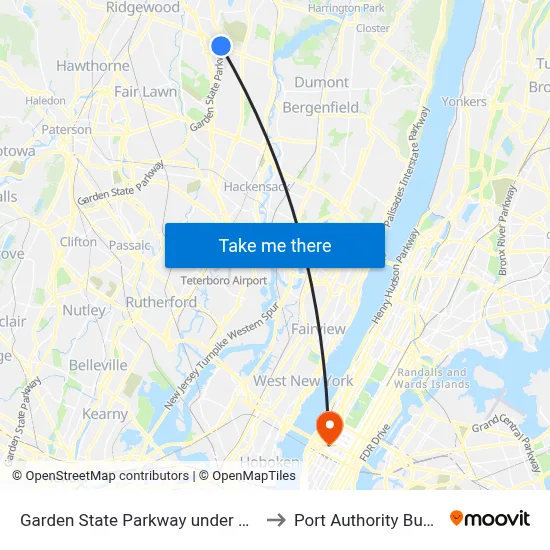 Garden State Parkway under Ridgewood Ave to Port Authority Bus Terminal map