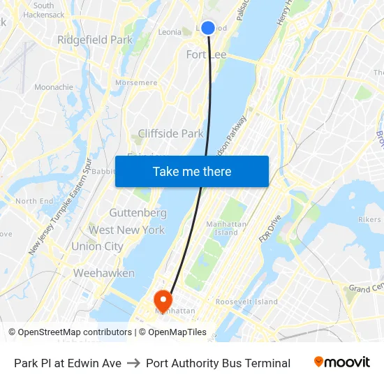 Park Pl at Edwin Ave to Port Authority Bus Terminal map