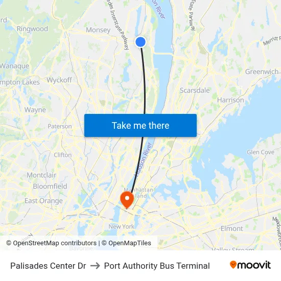 Palisades Center Dr to Port Authority Bus Terminal map