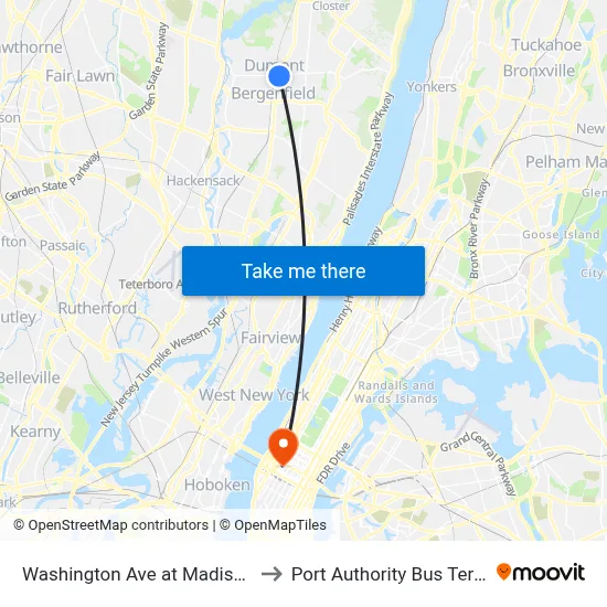 Washington Ave at Madison Ave to Port Authority Bus Terminal map