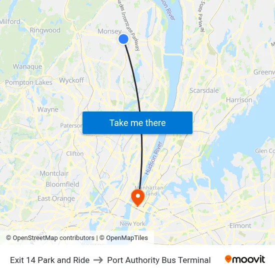 Exit 14 Park and Ride to Port Authority Bus Terminal map