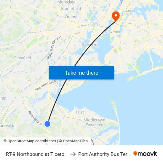 RT-9 Northbound at Ticetown Rd to Port Authority Bus Terminal map