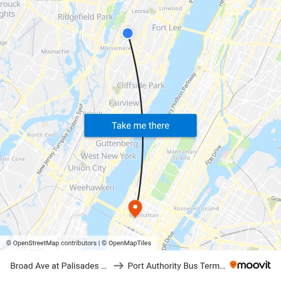 Broad Ave at Palisades Blvd to Port Authority Bus Terminal map