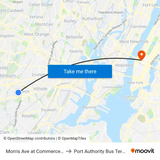 Morris Ave at Commerce Ave to Port Authority Bus Terminal map