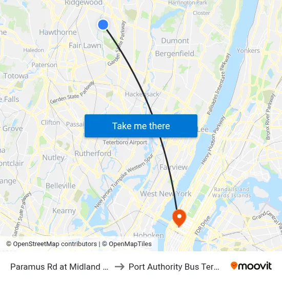 Paramus Rd at Midland Ave. to Port Authority Bus Terminal map
