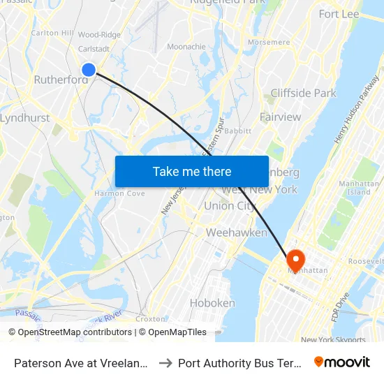 Paterson Ave at Vreeland Ave to Port Authority Bus Terminal map