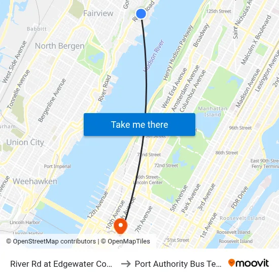 River Rd at Edgewater Commons to Port Authority Bus Terminal map