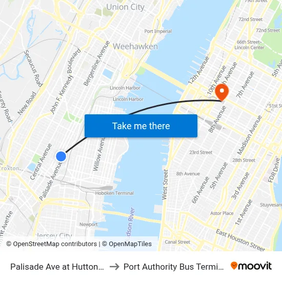 Palisade Ave at Hutton St to Port Authority Bus Terminal map