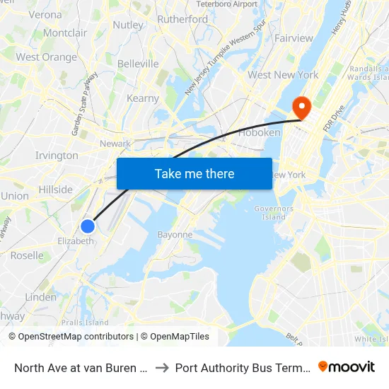 North Ave at van Buren Ave to Port Authority Bus Terminal map