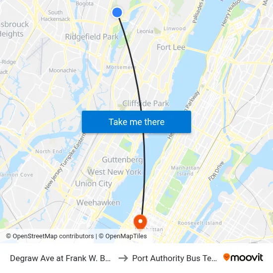 Degraw Ave at Frank W. Burr Blvd to Port Authority Bus Terminal map