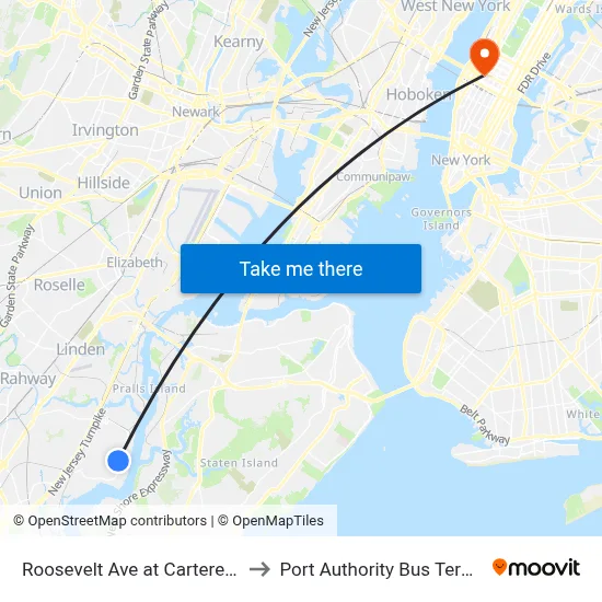 Roosevelt Ave at Carteret Ave to Port Authority Bus Terminal map