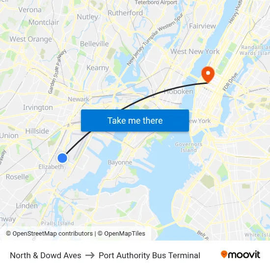 North & Dowd Aves to Port Authority Bus Terminal map