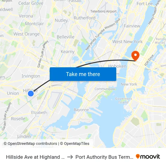 Hillside Ave at Highland Ave to Port Authority Bus Terminal map