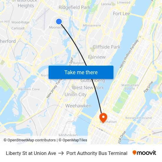 Liberty St at Union Ave to Port Authority Bus Terminal map