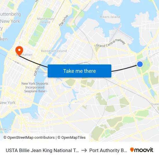 USTA Billie Jean King National Tennis Center W Gate, Meadow Corona Park to Port Authority Bus Terminal map