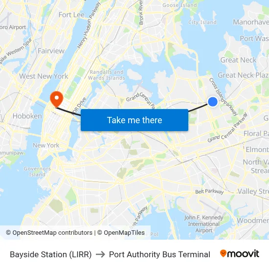 Bayside Station (LIRR) to Port Authority Bus Terminal map