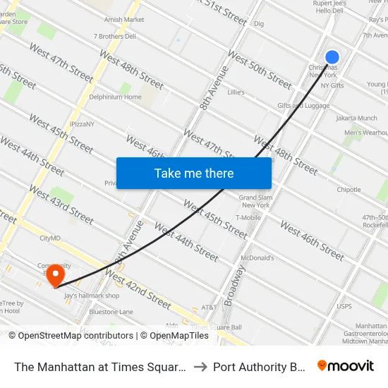 The Manhattan at Times Square Hotel, New York to Port Authority Bus Terminal map