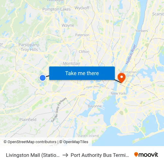 Livingston Mall (Station) to Port Authority Bus Terminal map