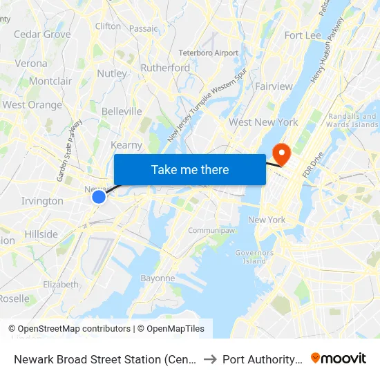 Newark Broad Street Station (Central Railroad of New Jersey) to Port Authority Bus Terminal map