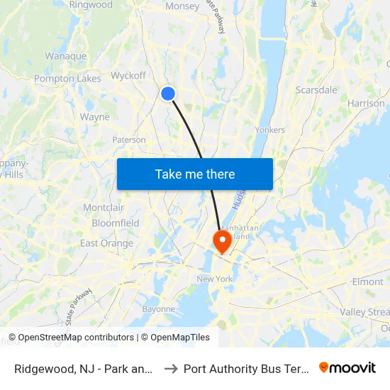 Ridgewood, NJ - Park and Ride to Port Authority Bus Terminal map
