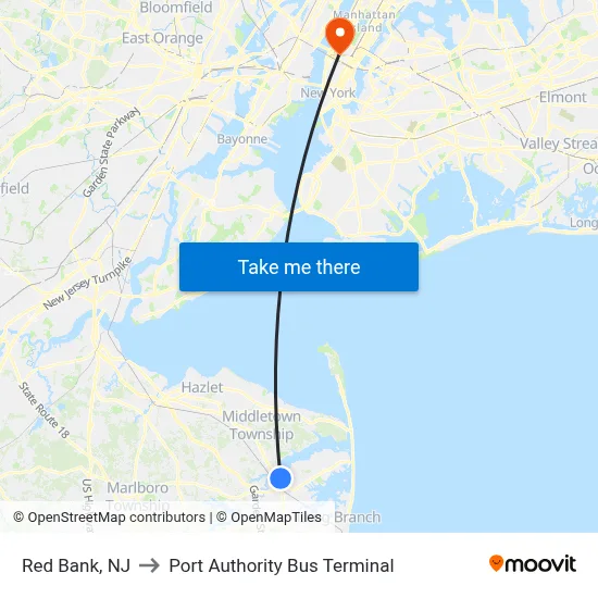 Red Bank, NJ to Port Authority Bus Terminal map
