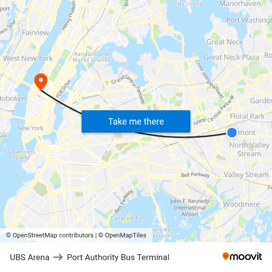 UBS Arena to Port Authority Bus Terminal map