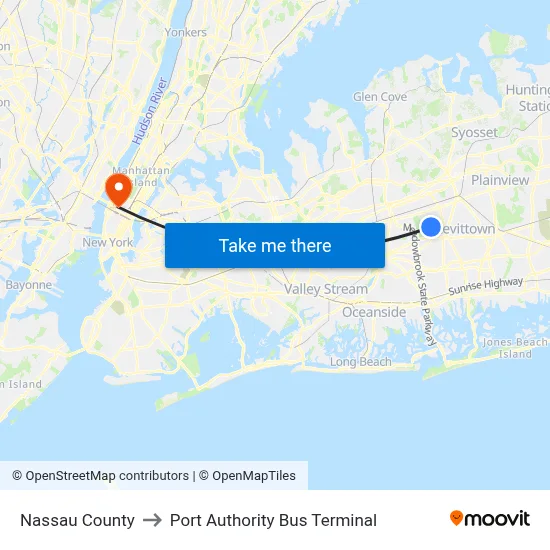 Nassau County to Port Authority Bus Terminal map